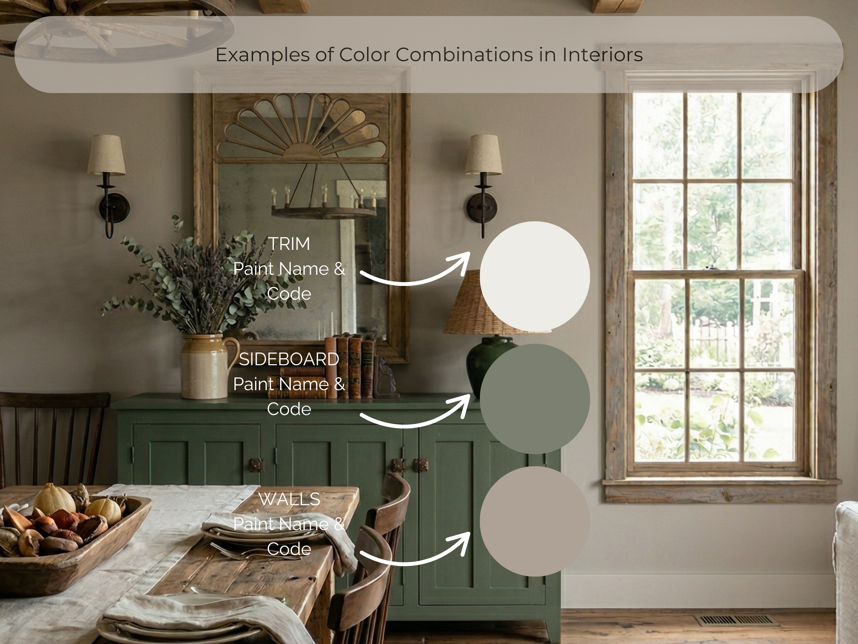 Room interior with furniture and decor elements labeled for color combinations.
