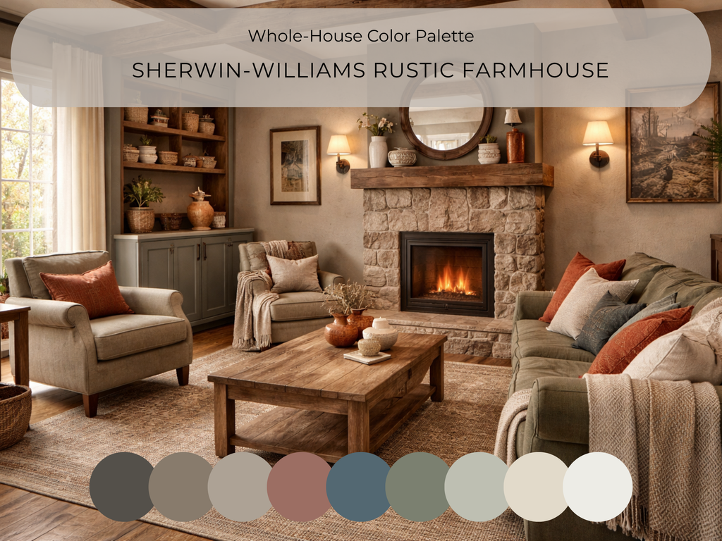 Cozy living room with fireplace featuring Sherwin-Williams Rustic Farmhouse color palette.