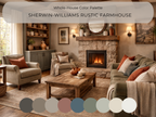 Cozy living room with fireplace featuring Sherwin-Williams Rustic Farmhouse color palette.