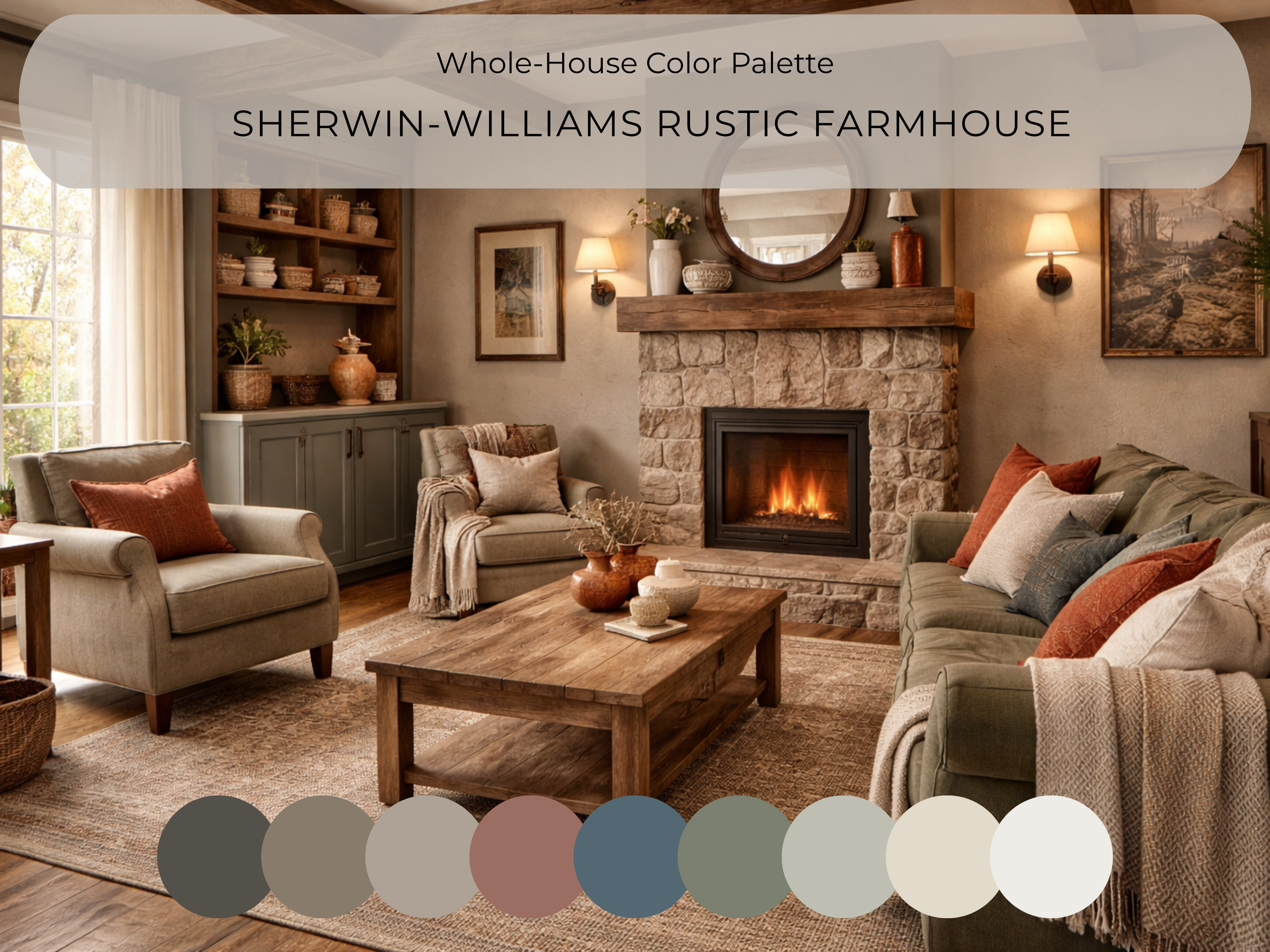 Cozy living room with fireplace featuring Sherwin-Williams Rustic Farmhouse color palette.