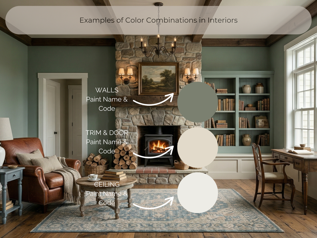 Living room with color swatches and text overlay on color combinations