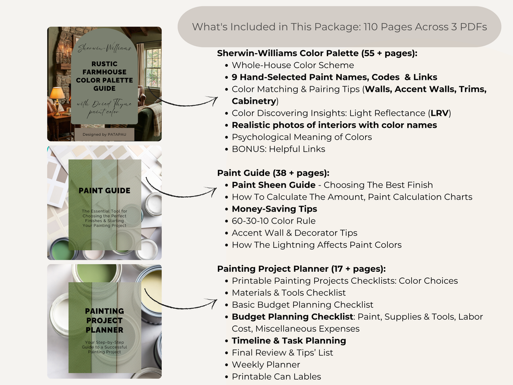 Product packaging with paint guides and a color palette guide, featuring text on what is included in the package.