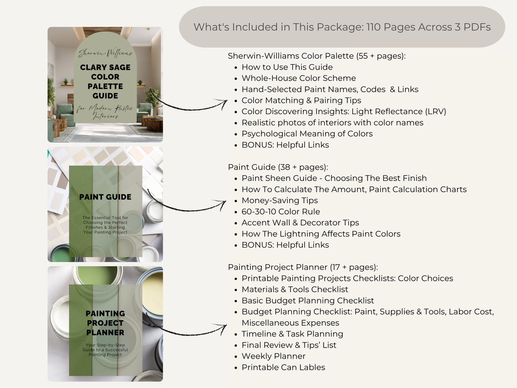 Product packaging with paint guides and a planner, featuring text on included content.