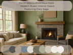 Living room with green walls, fireplace, and Sherwin-Williams color swatches.