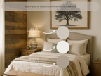 Bedroom with neutral tones and a tree painting, labeled for color combinations.
