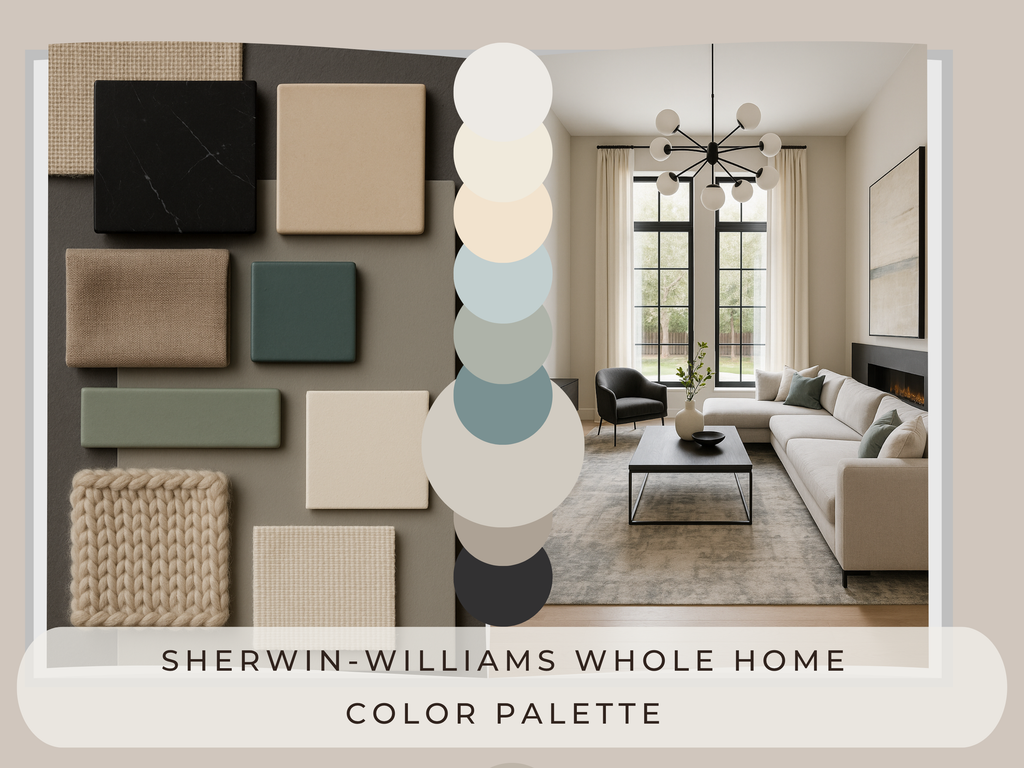 Living room with Sherwin-Williams color swatches and text overlay