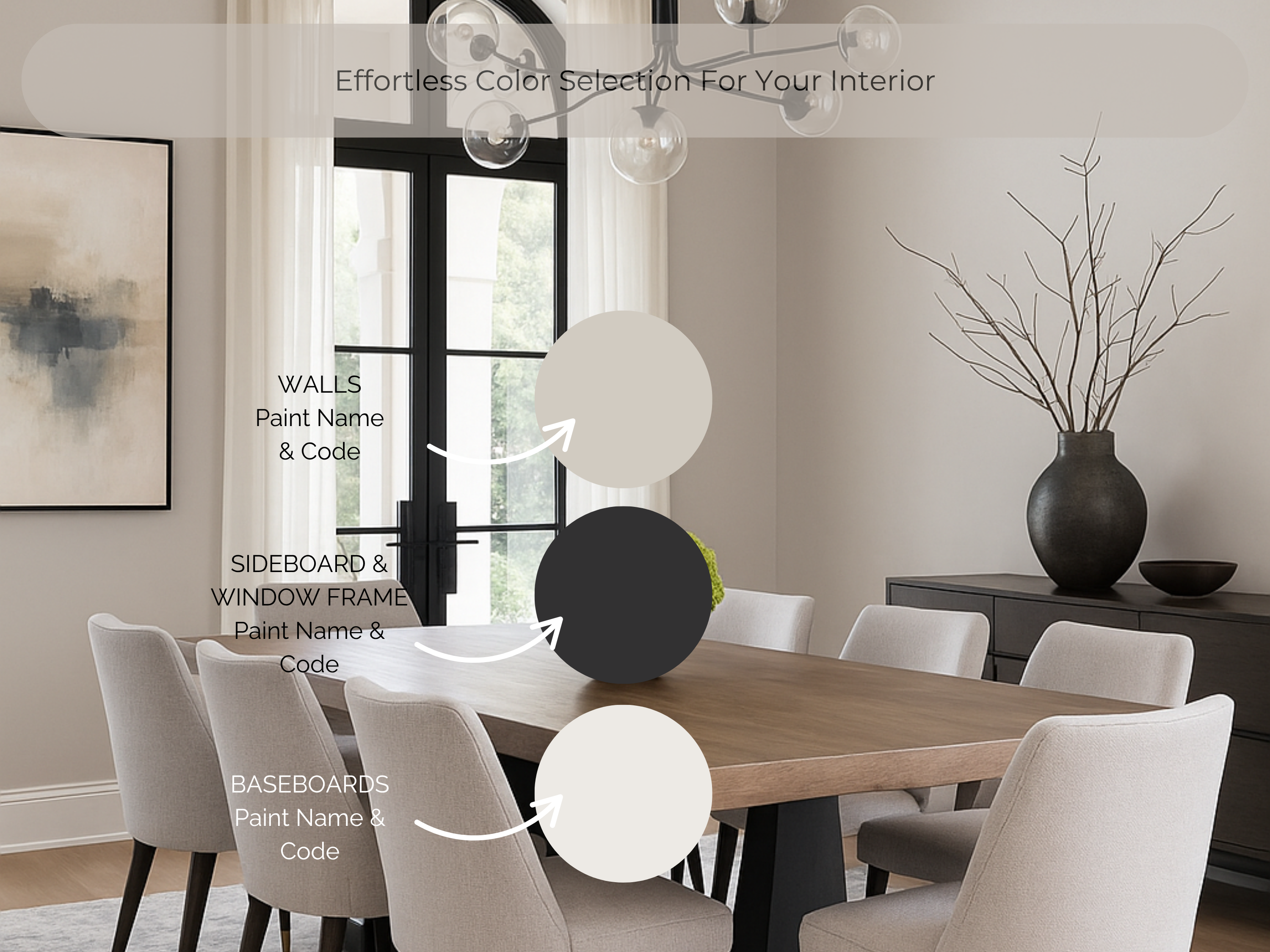 Dining room with a table and chairs, featuring labeled paint color options.