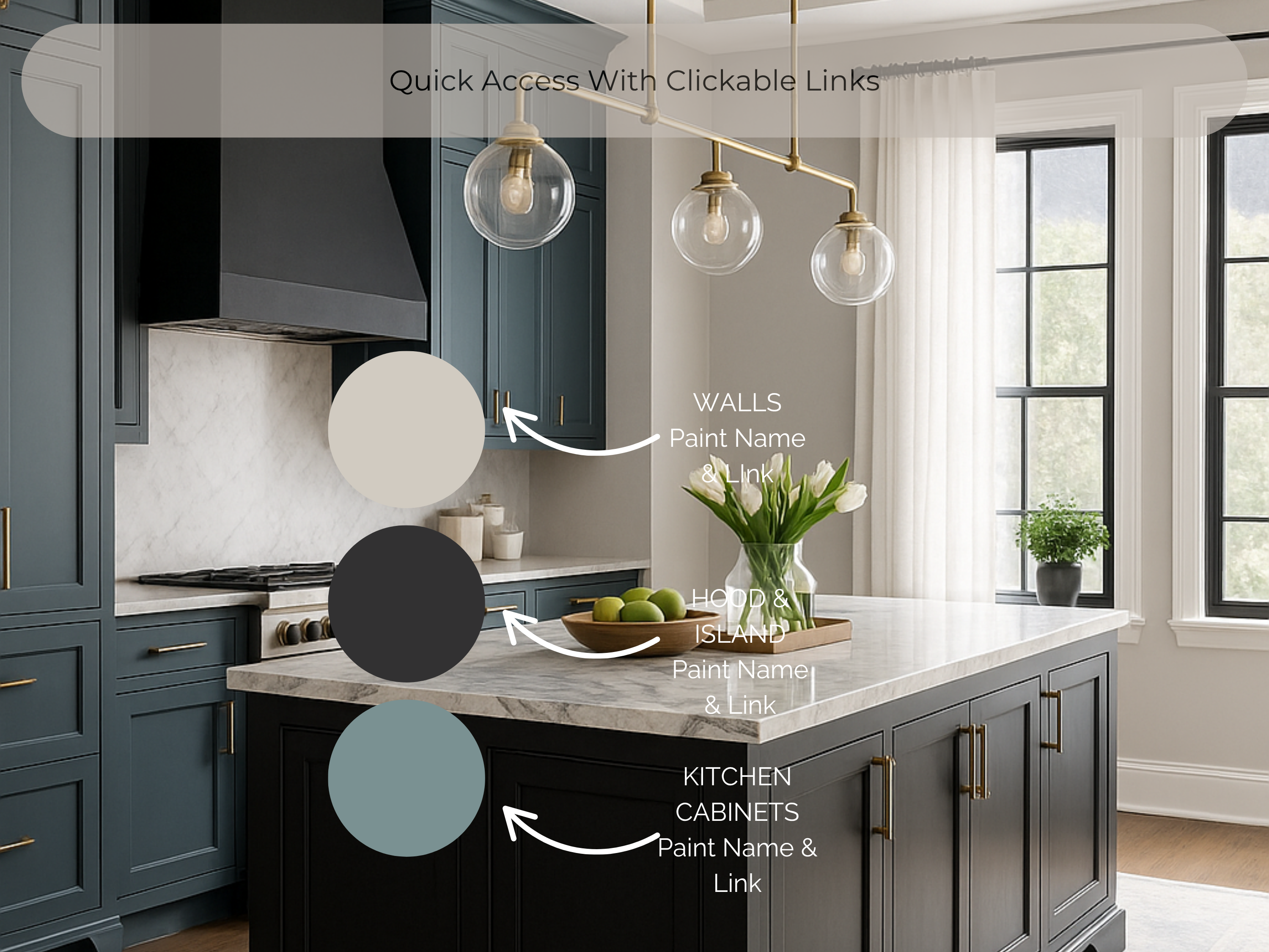 Modern kitchen with gray cabinets, white countertops, and decorative elements.