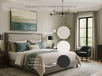 Modern bedroom with color swatches and paint name codes overlaid