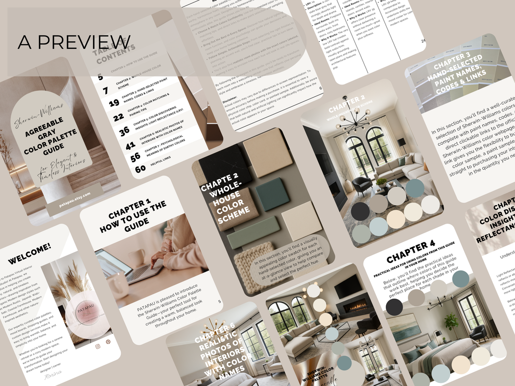 Collage of interior design guide pages with color palettes and room examples.