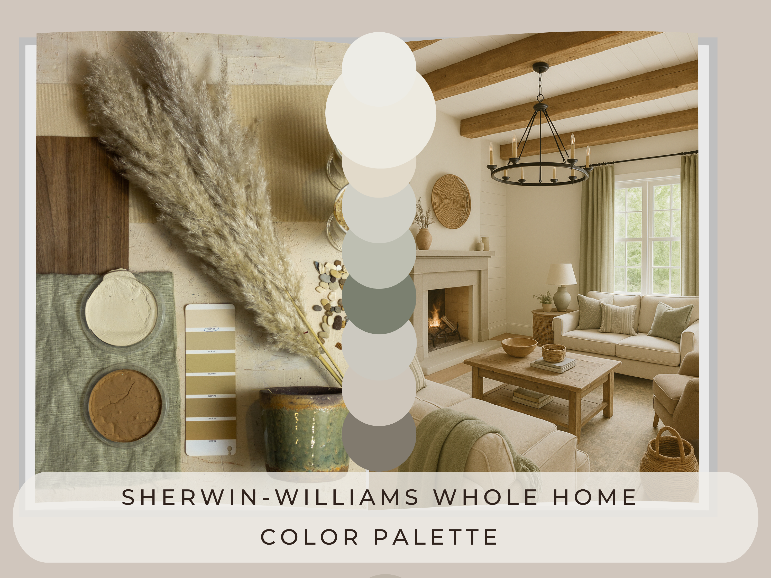 Living room with Sherwin-Williams color palette swatches and a fireplace.