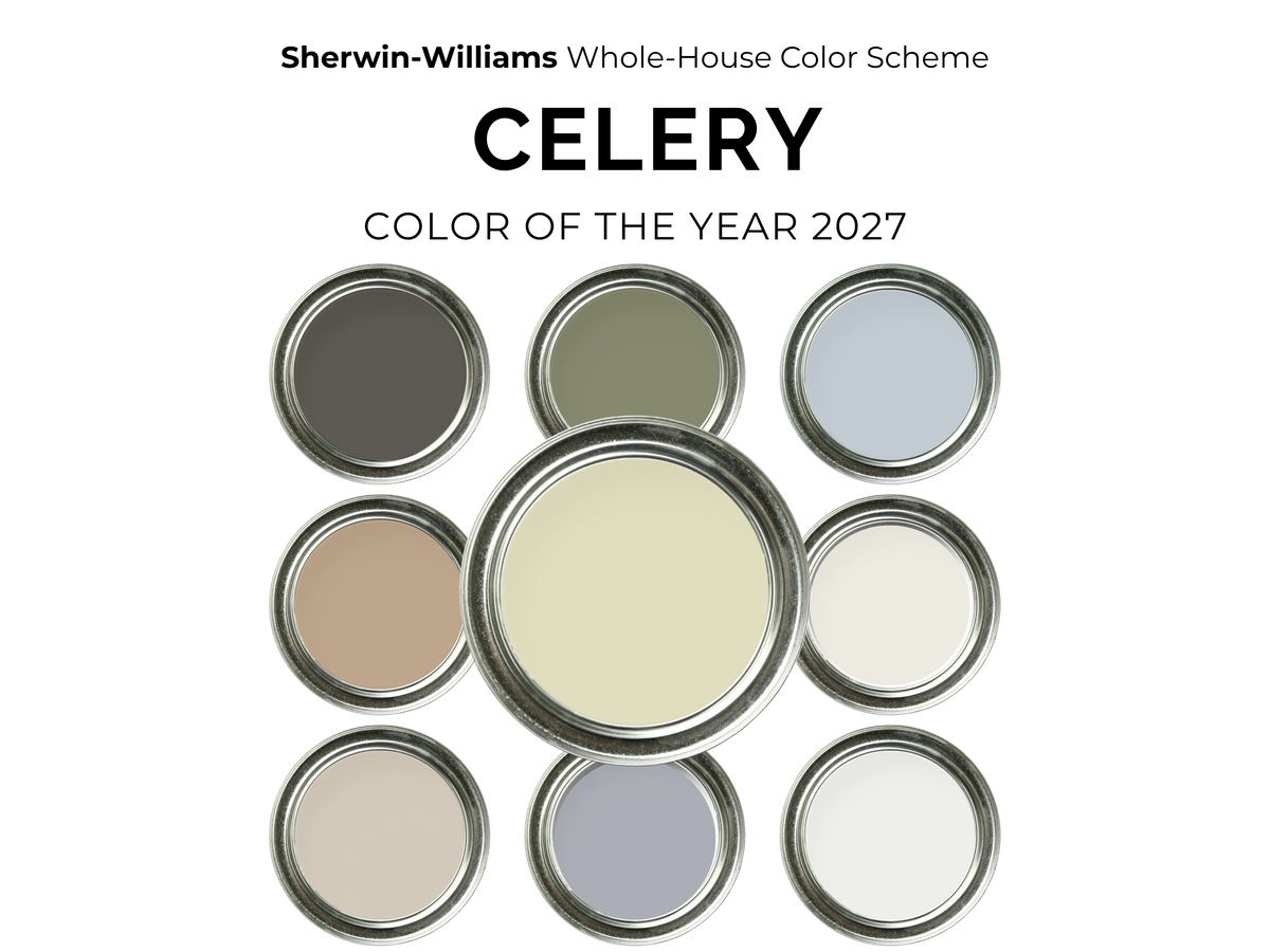 Sherwin-Williams Celery Color of the Year 2027 paint swatch chart, featuring a central pale yellow-green paint can surrounded by nine other neutral and earthy color swatches on a white background.