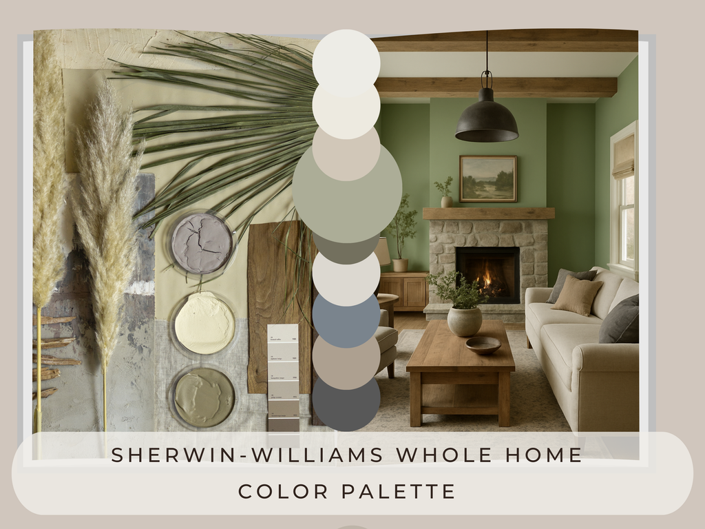 Living room with Sherwin-Williams color palette swatches overlayed