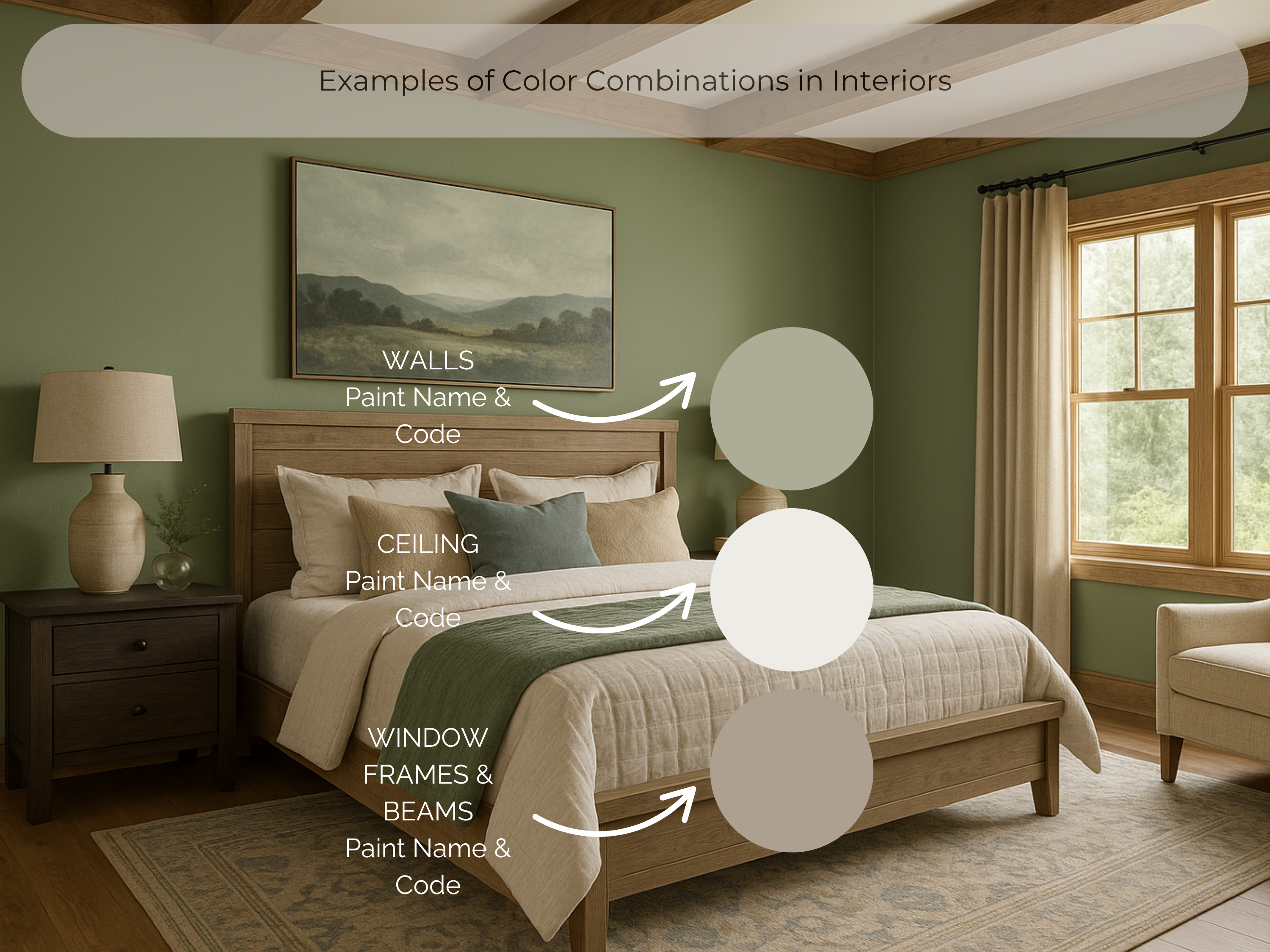 Bedroom with labeled color combinations on walls, ceiling, window frames, and beams.