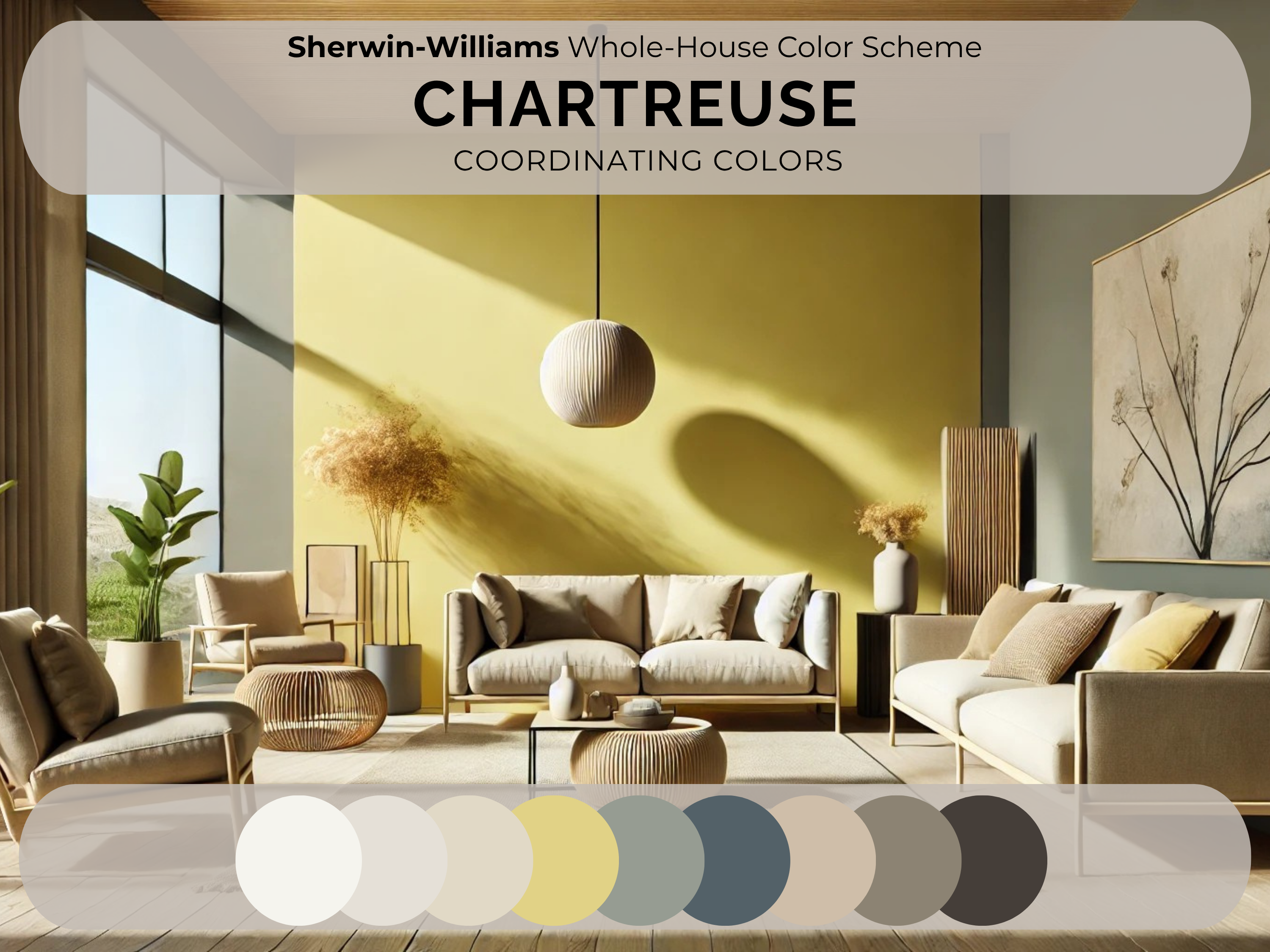 Sherwin-Williams Whole-House Color Scheme Chartreuse coordinating colors displayed over a styled living room interior with a mustard yellow accent wall, beige sofas, neutral decor, and a row of color swatches at the bottom.