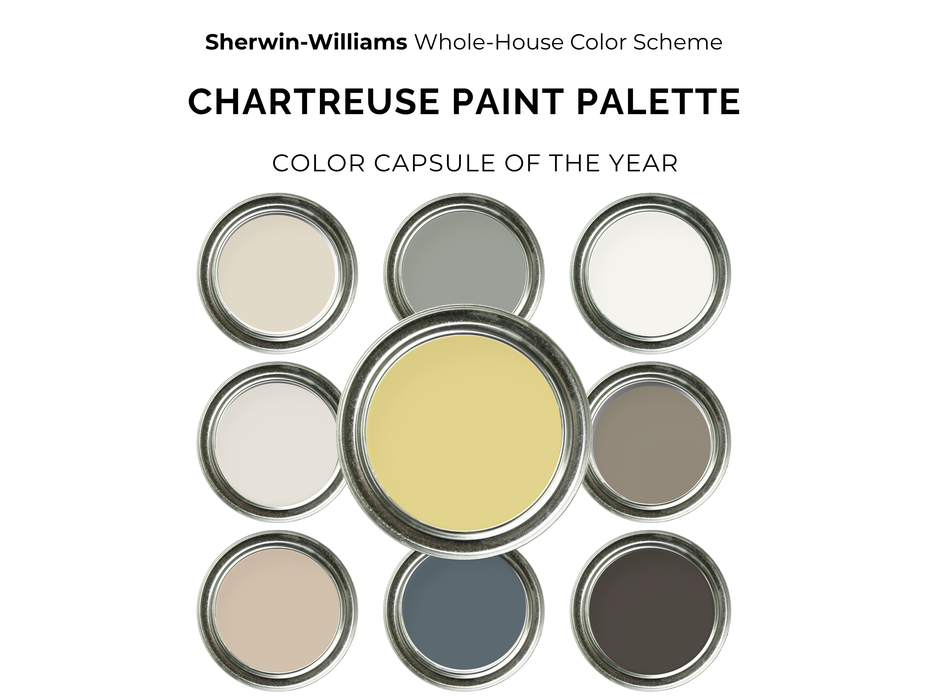 Sherwin-Williams Whole-House Color Scheme Chartreuse Paint Palette graphic showing nine paint color capsules arranged in a grid, with a central pale yellow capsule highlighted and text above reading 'CHARTREUSE PAINT PALETTE'.