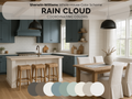 A styled kitchen interior showing a Sherwin-Williams Rain Cloud whole-house color scheme, with blue-gray cabinets, white shiplap walls, wood island and table, pendant lights, and a row of coordinating color swatches overlaid at the bottom.
