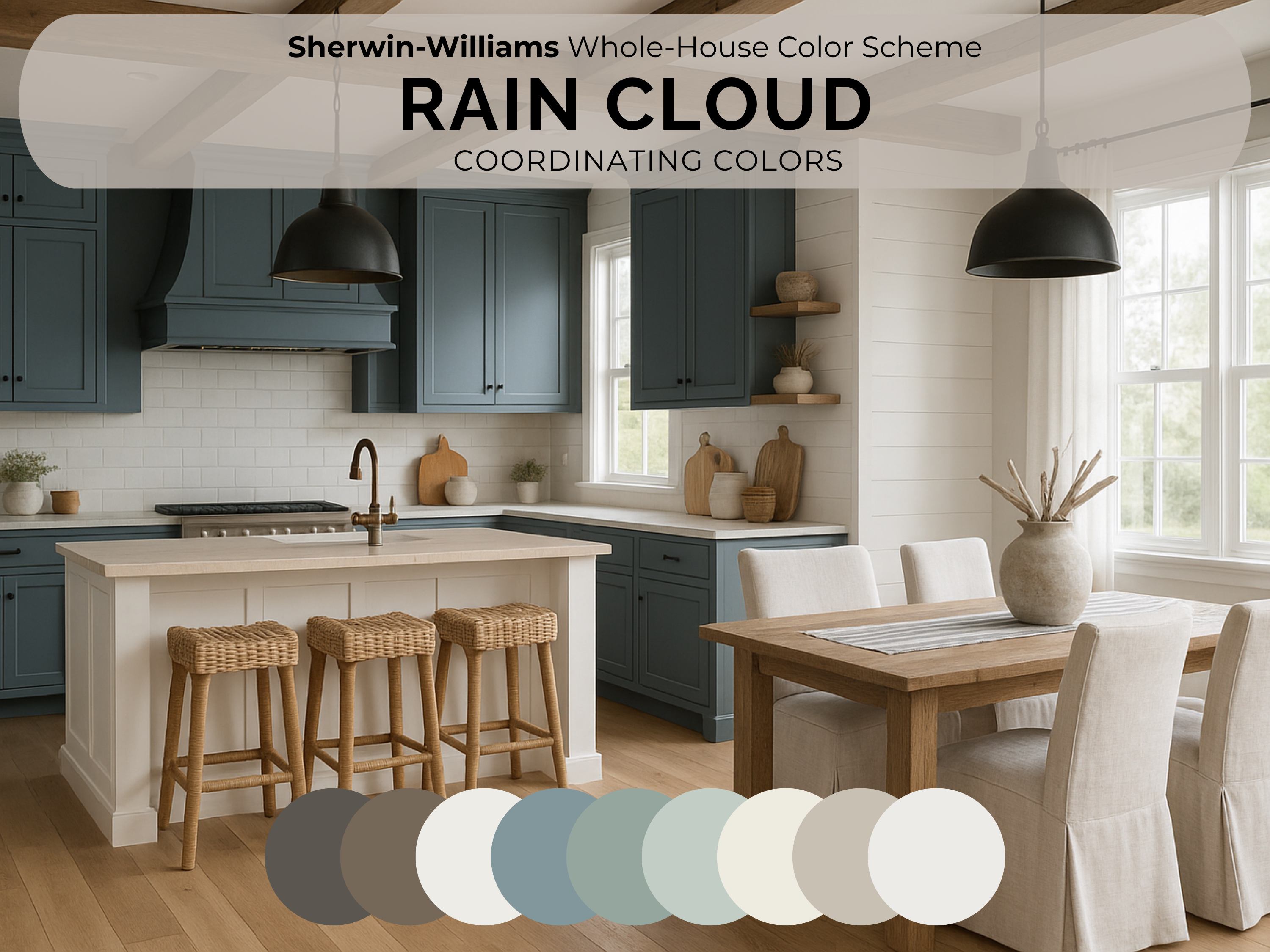 A styled kitchen interior showing a Sherwin-Williams Rain Cloud whole-house color scheme, with blue-gray cabinets, white shiplap walls, wood island and table, pendant lights, and a row of coordinating color swatches overlaid at the bottom.