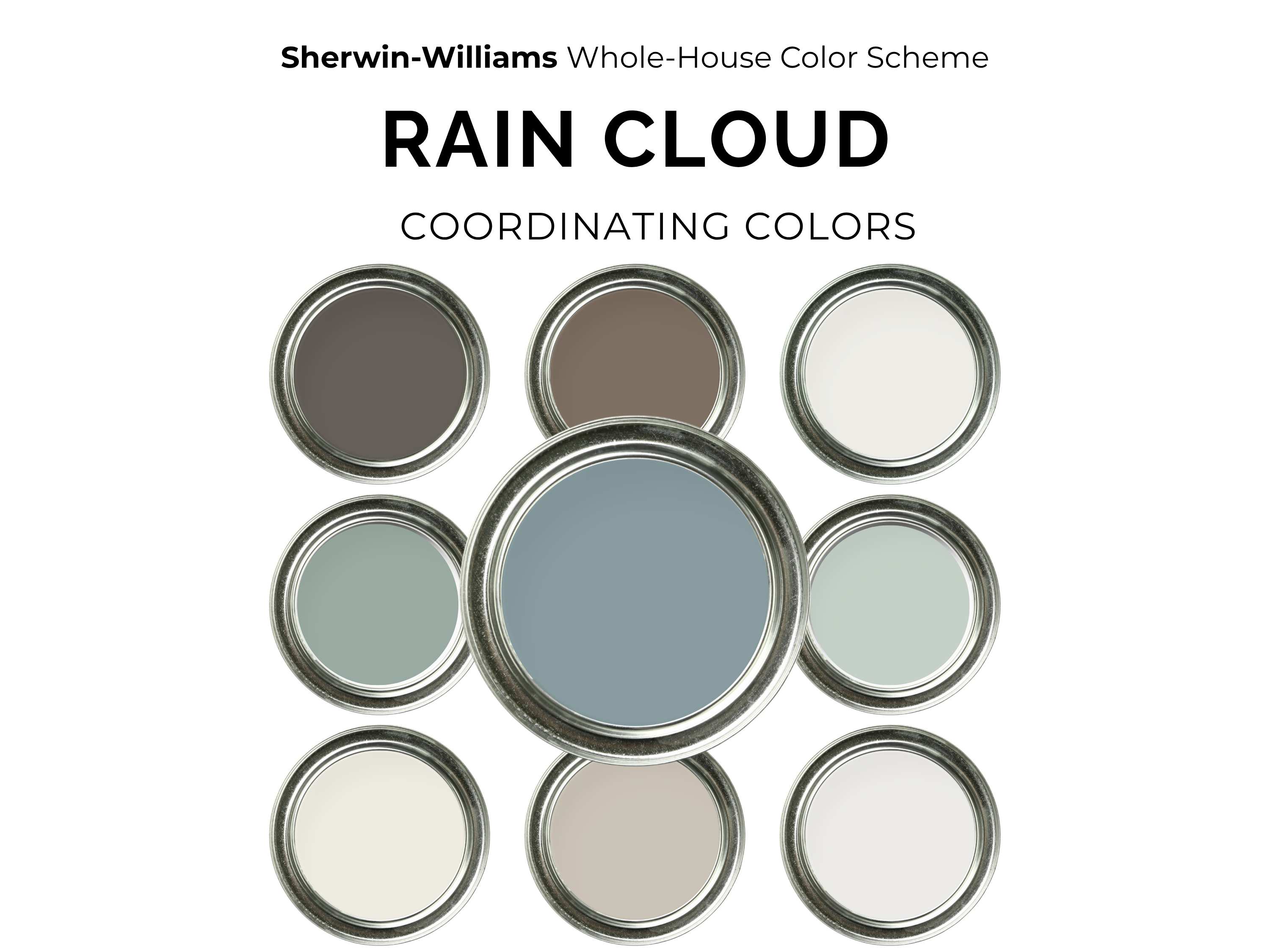 Sherwin-Williams Rain Cloud coordinating colors color wheel graphic showing a central light blue-gray paint can surrounded by nine matching neutral and soft green paint cans on a white background.
