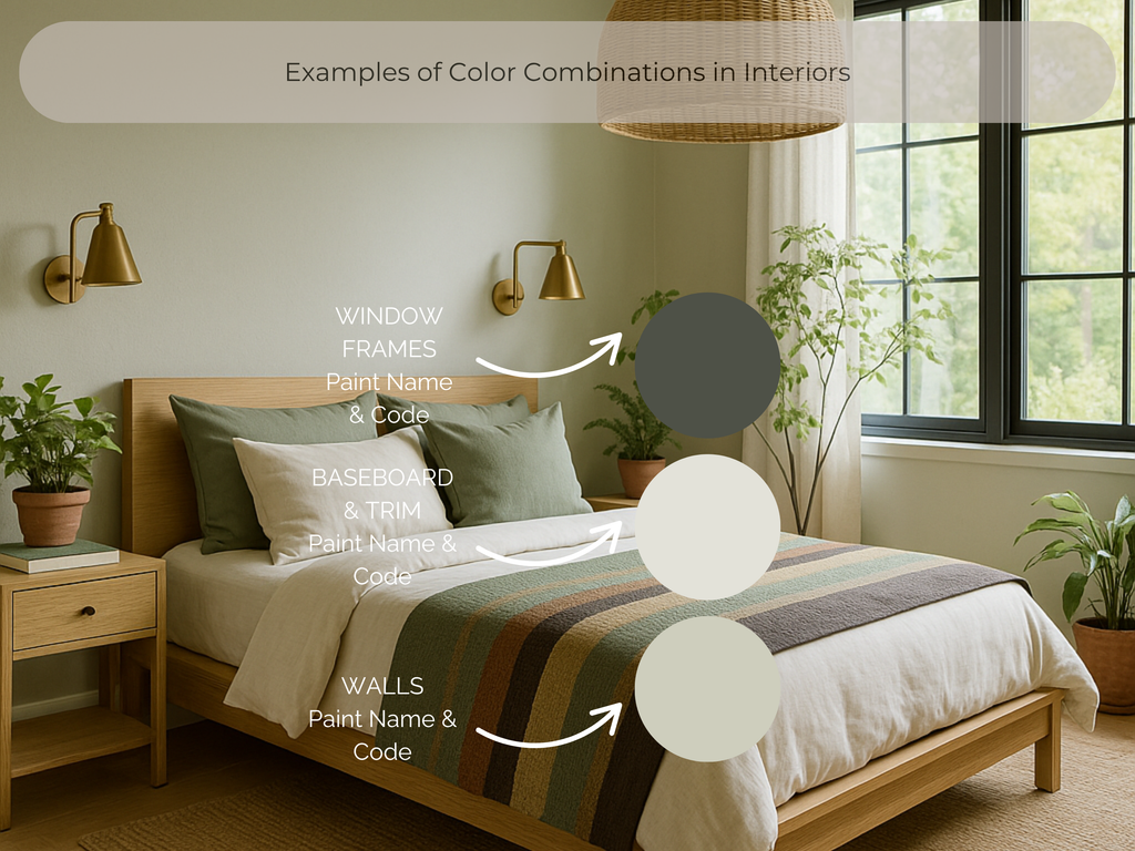 Bedroom with color swatches labeled for paint names and codes, including window frames, baseboard, walls, and bedding.