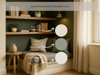 Room interior with furniture and decor elements labeled for color swatches and paint names.