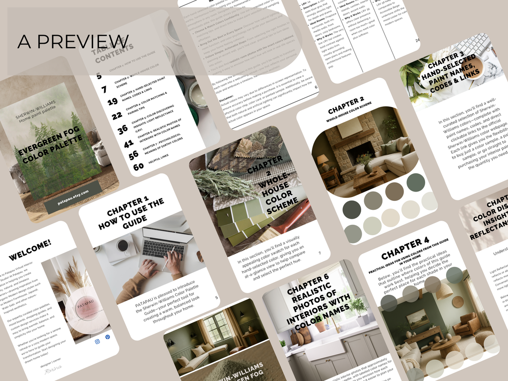 Collage of interior design guide pages with text and images on a beige background
