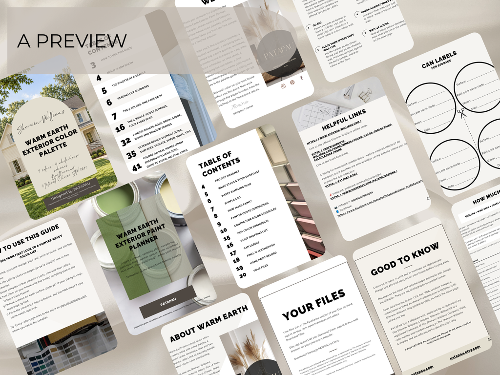 A collage-style preview sheet showing multiple pages from a warm earth exterior paint planner, including sections like color palette, table of contents, helpful lines, car labels, about the planner, and files. The layout is clean and modern with soft neutral tones and a few small color swatches.
