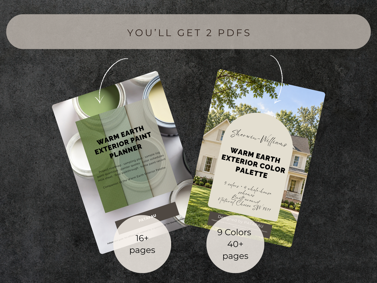 Promotional graphic for a digital planner and color palette set, showing two sample PDF pages on a dark textured background with text reading 'YOU'LL GET 2 PDFs', 'WARM EARTH EXTERIOR PAINT PLANNER', 'Sherwood-Williams Warm Earth Exterior Color Palette', '16+ pages', and '9 Colors 40+ pages'.