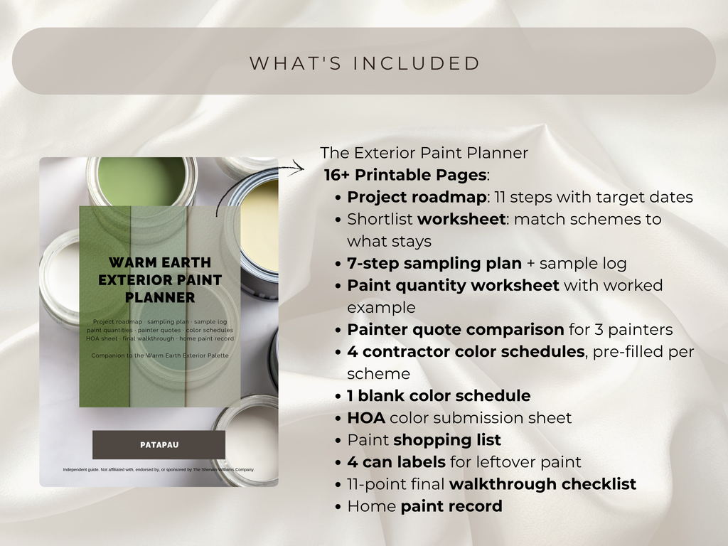 What's included in Sherwin-Williams Warm Earth Exterior Paint Planner.