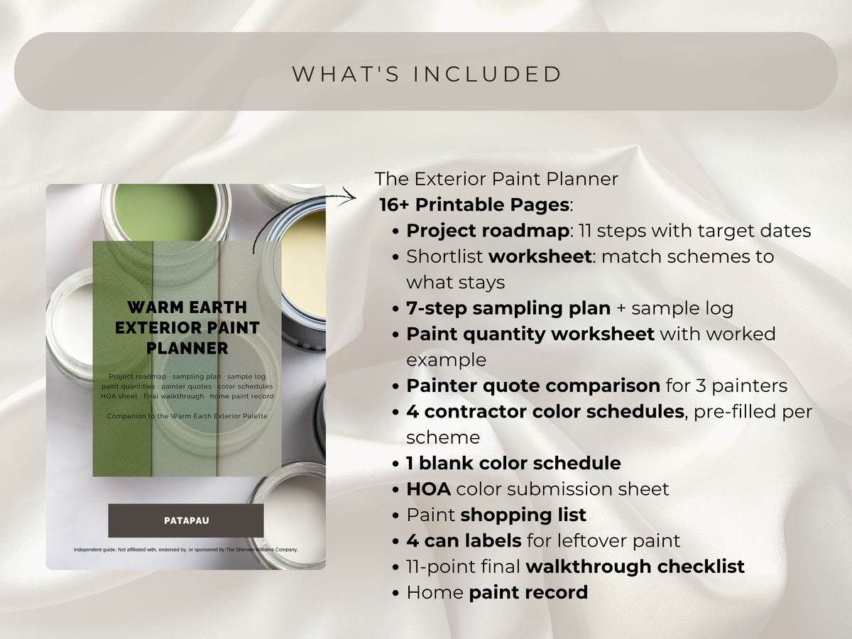 What's included in Sherwin-Williams Warm Earth Exterior Paint Planner.