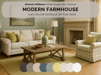 A styled living room scene showing a cream sofa, matching armchair, wooden coffee table, and sage green walls under the Sherwin-Williams Whole-House Color Scheme. Large text reads 'MODERN FARMHOUSE with COLOR CAPSULE OF THE YEAR,' and a row of color swatches appears along the bottom.