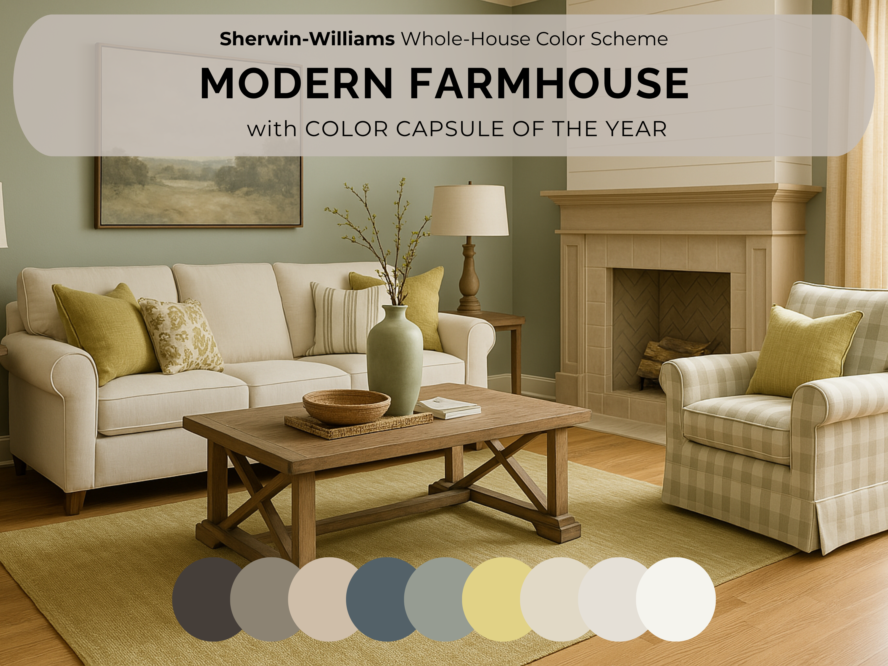 A styled living room scene showing a cream sofa, matching armchair, wooden coffee table, and sage green walls under the Sherwin-Williams Whole-House Color Scheme. Large text reads 'MODERN FARMHOUSE with COLOR CAPSULE OF THE YEAR,' and a row of color swatches appears along the bottom.