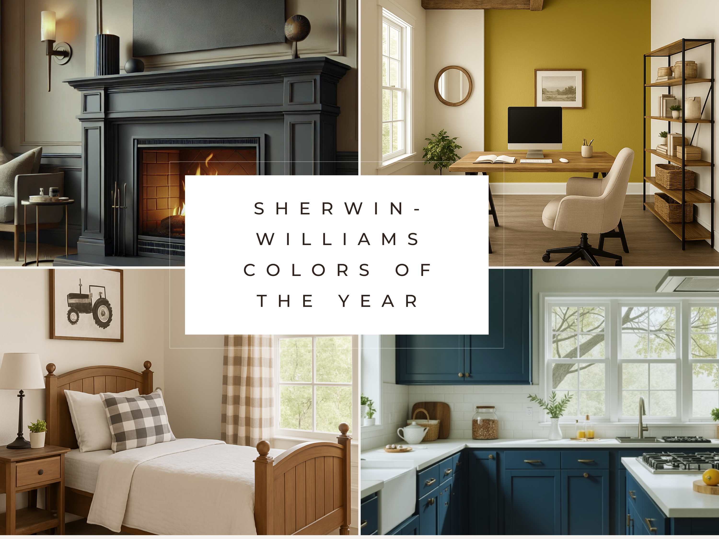 A four-panel collage showcasing interior design scenes with a black fireplace, a home office with a mustard yellow accent wall, a bedroom with white bedding and a wooden bed frame, and a kitchen with navy blue cabinets. A large white text box in the center reads 'SHERWIN-WILLIAMS COLORS OF THE YEAR'.