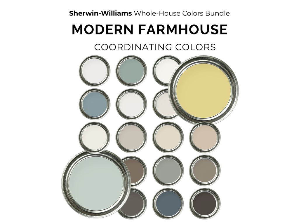 Collection of Sherwin-Williams paint cans labeled 'Modern Farmhouse Coordinating Colors' on a white background.