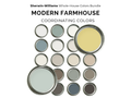 Collection of Sherwin-Williams paint cans labeled 'Modern Farmhouse Coordinating Colors' on a white background.