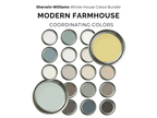 Collection of Sherwin-Williams paint cans labeled 'Modern Farmhouse Coordinating Colors' on a white background.