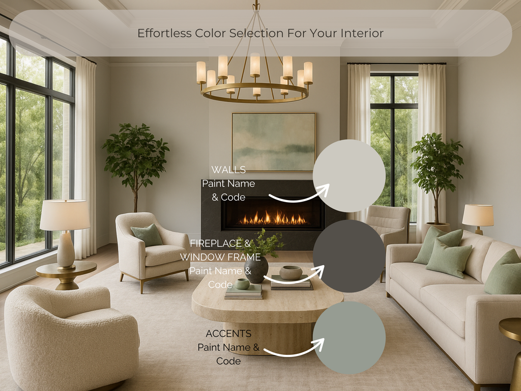 Modern living room with furniture and decor elements labeled for color selection.