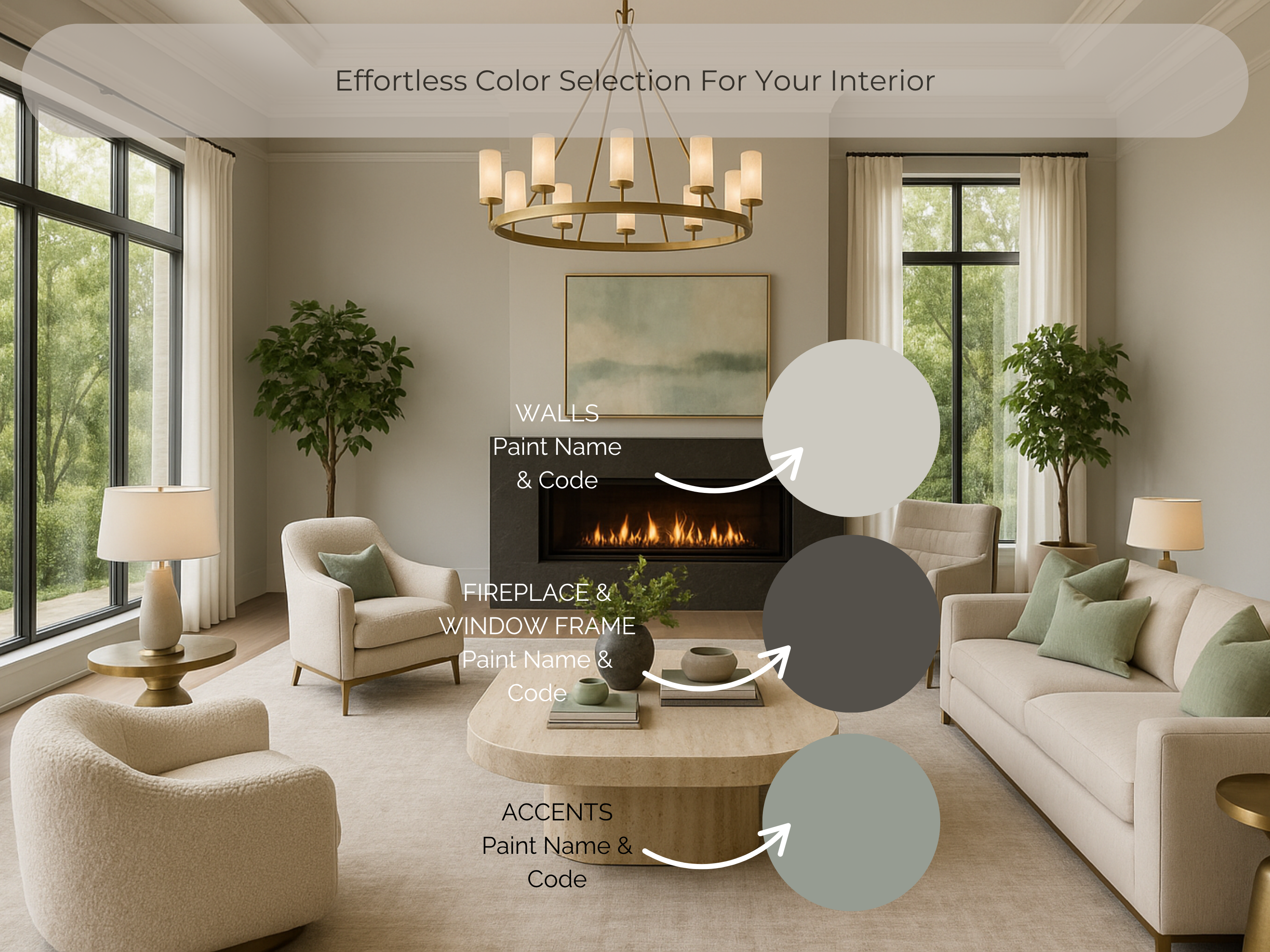 Modern living room with furniture and decor elements labeled for color selection.