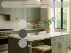 Modern kitchen with green cabinets and a white countertop, featuring quick access links to paint names and links.