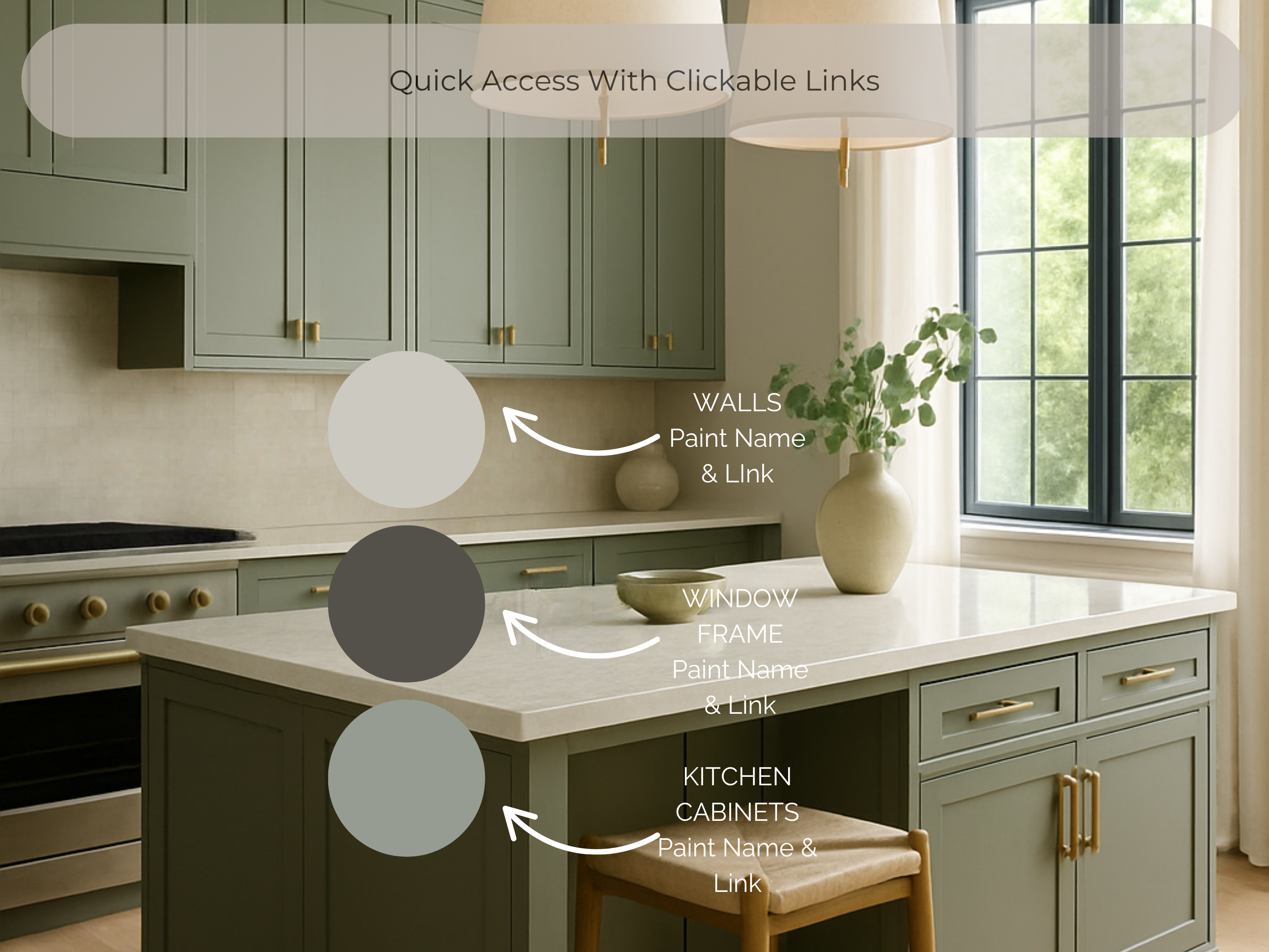Modern kitchen with green cabinets and a white countertop, featuring quick access links to paint names and links.