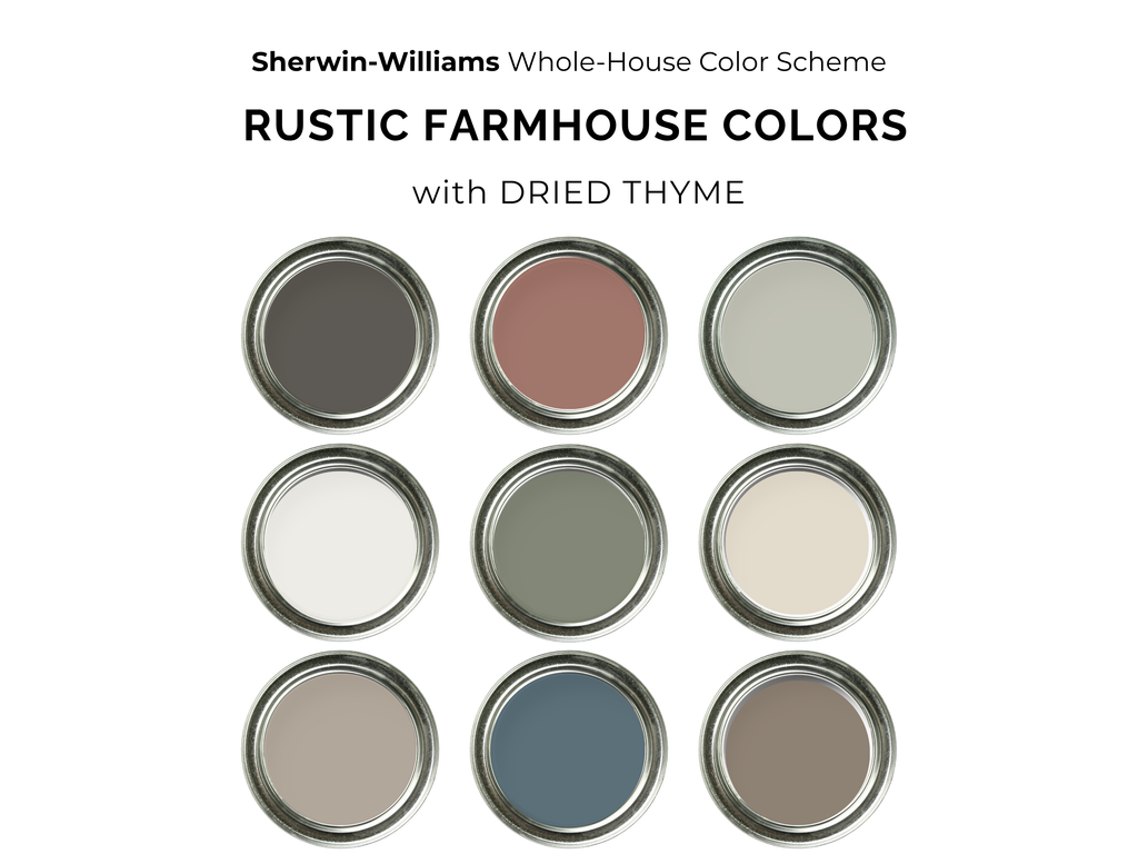 Sherwin-Williams Rustic Farmhouse color scheme with dried thyme on a white background