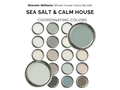 Collection of paint color samples labeled 'Sea Salt & Calm House' by Sherwin-Williams on a white background.