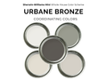 Five paint cans labeled 'Urbane Bronze' and 'Coordinating Colors' on a white background.
