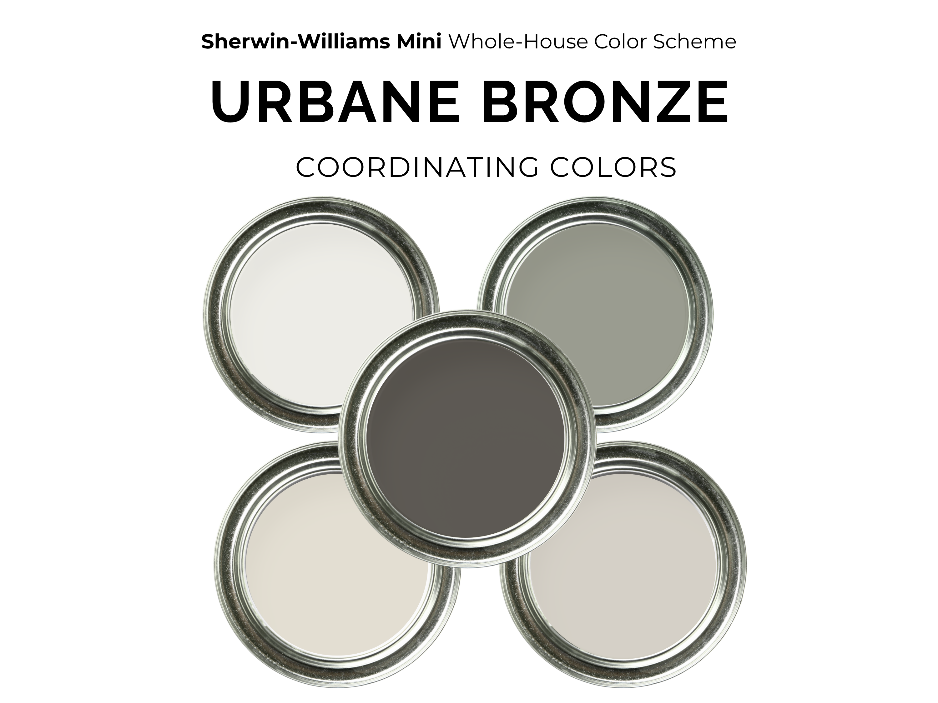 Five paint cans labeled 'Urbane Bronze' and 'Coordinating Colors' on a white background.