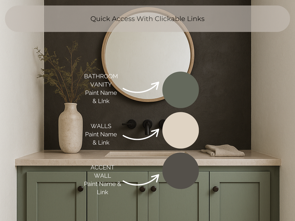 Bathroom vanity with mirror, vase, and towel, labeled for paint color names and links.