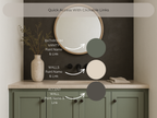 Bathroom vanity with mirror, vase, and towel, labeled for paint color names and links.