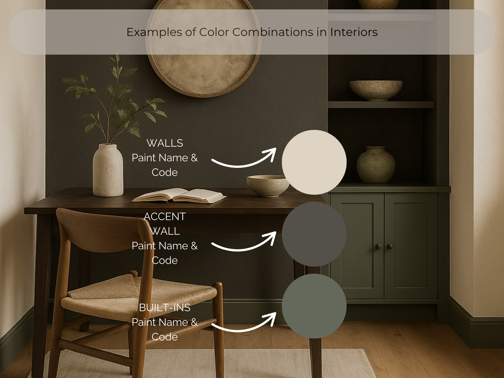 Room interior with furniture and decor elements labeled for color combinations.