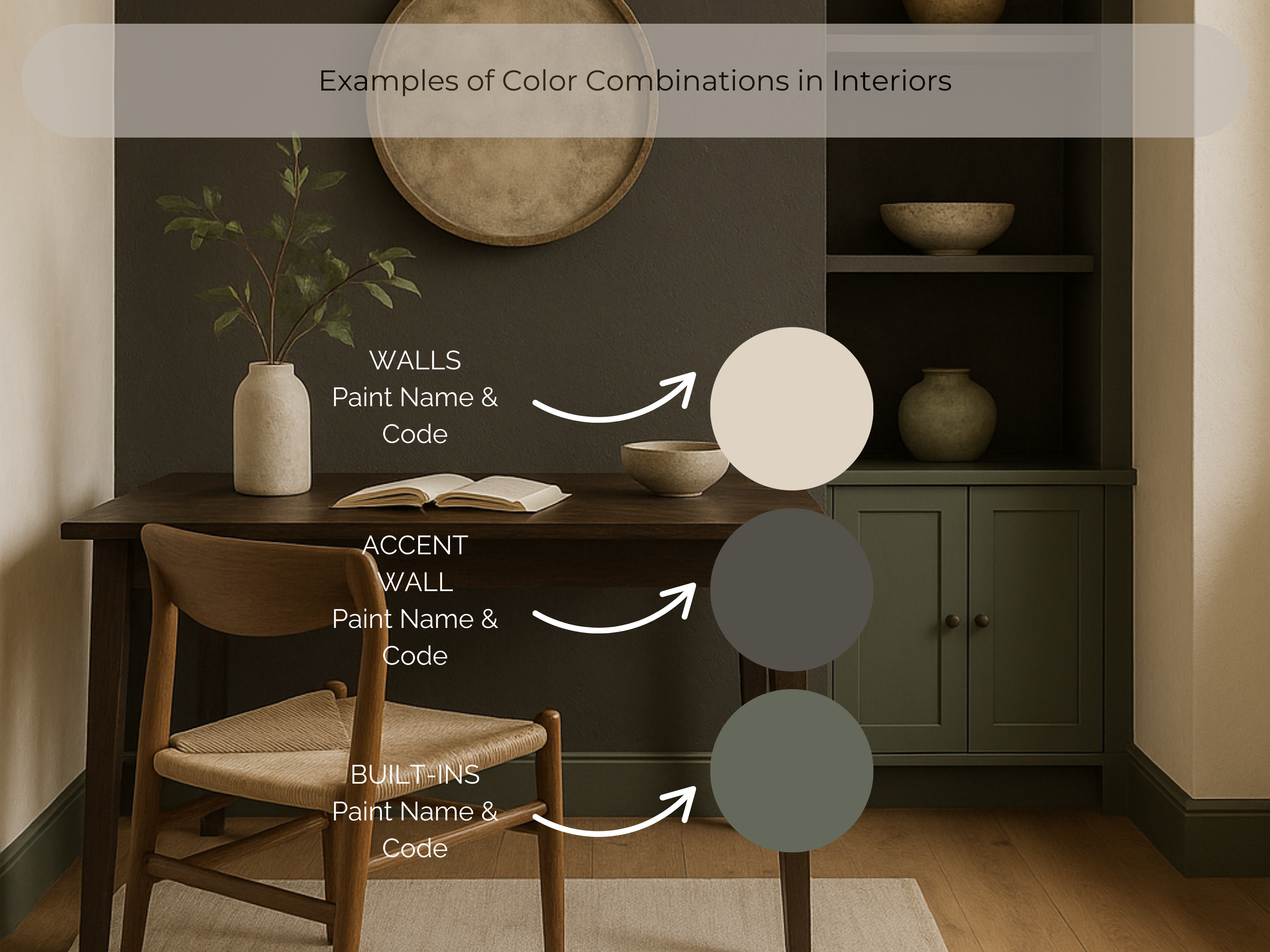 Room interior with furniture and decor elements labeled for color combinations.