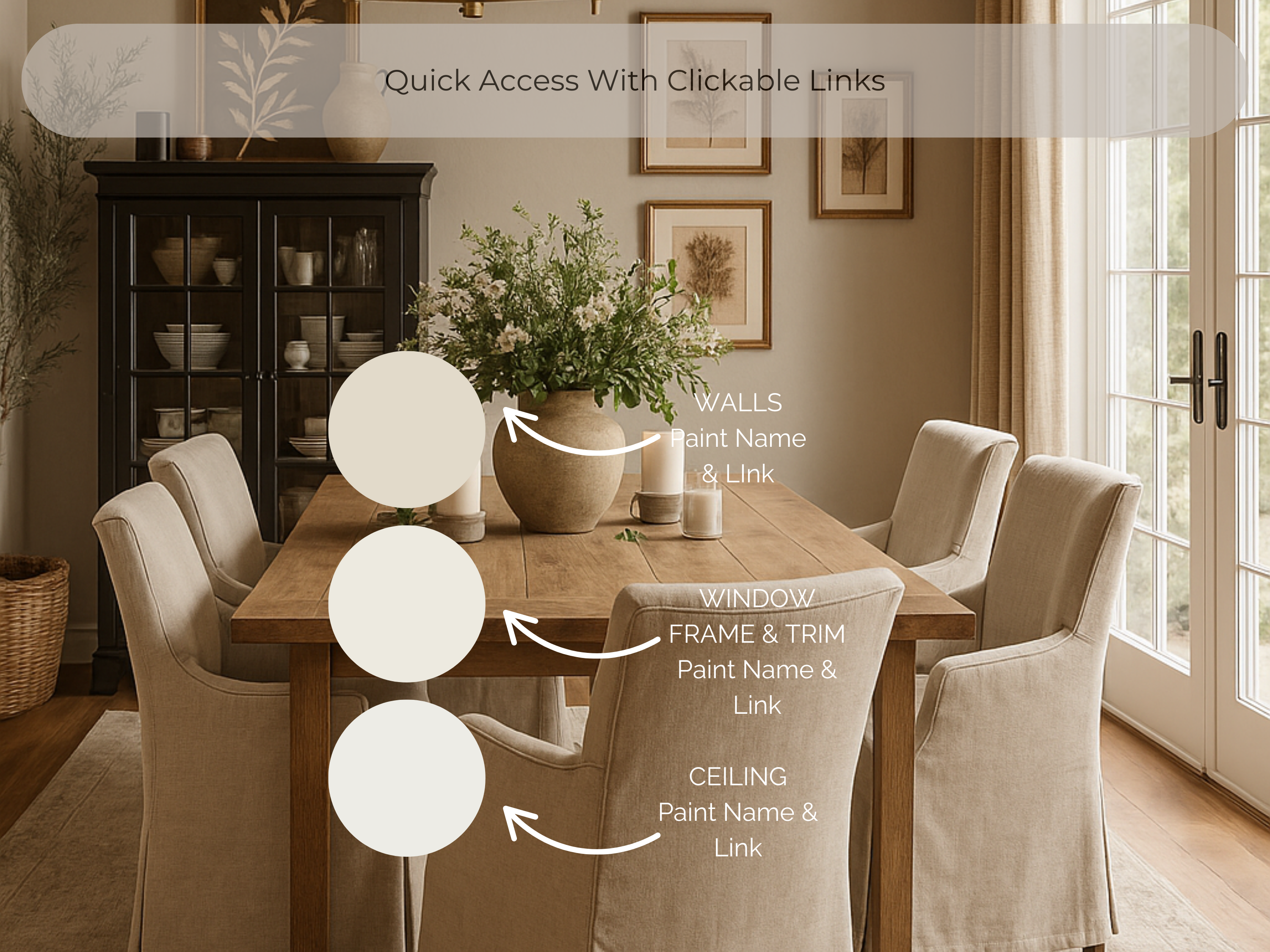 Dining room with wooden table and chairs, featuring paint name and link annotations.