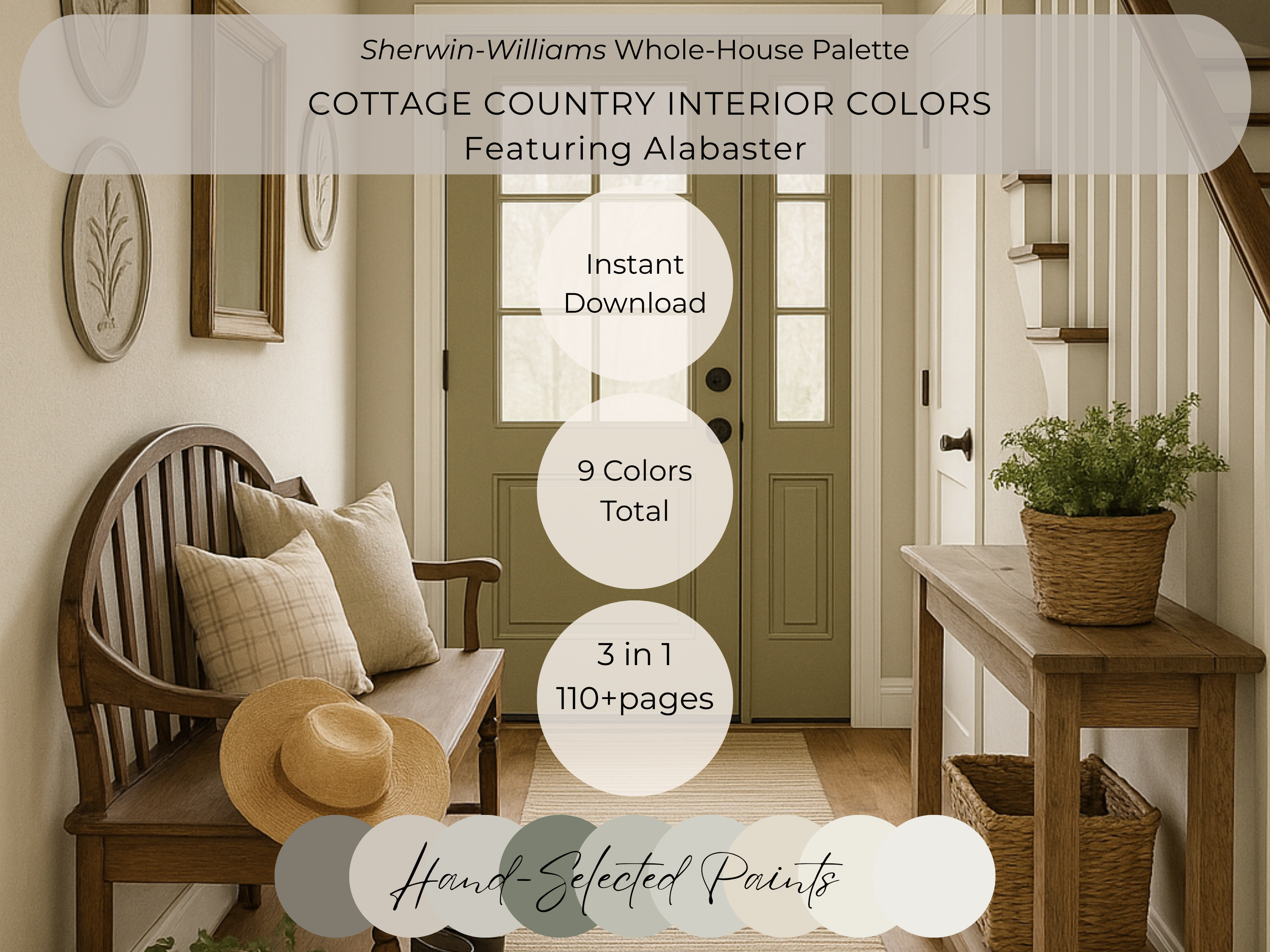 Cottage country interior with wooden bench, plant, and door, featuring Sherwin-Williams paint palette.